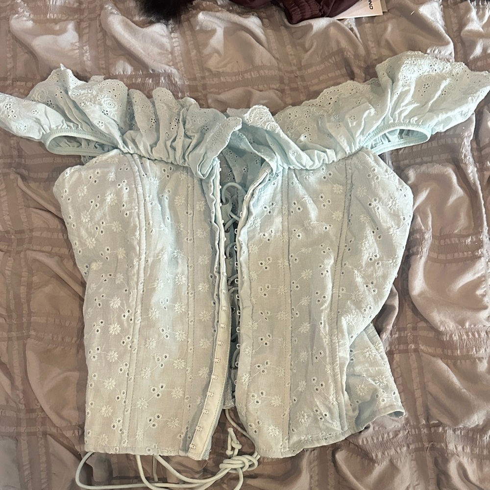 SHEIN Light Blue Eyelet Lace-Up Blouse
